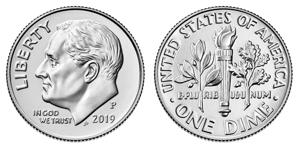Side-by-side comparison of 2019 Roosevelt dime reverse: incomplete torch bands vs Full Bands designation