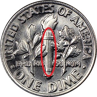 Close-up of 2019 Roosevelt dime reverse torch showing Full Bands separation diagnostic