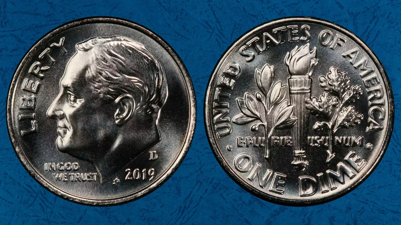 Grading strip showing four 2019 Roosevelt dimes in worn, circulated, uncirculated, and gem condition